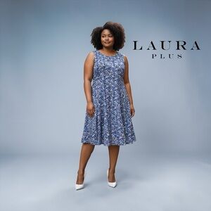 Laura Plus, Floral Lace Dress Blue A-Line Midi Sleeveless Lined, Plus Size 18W